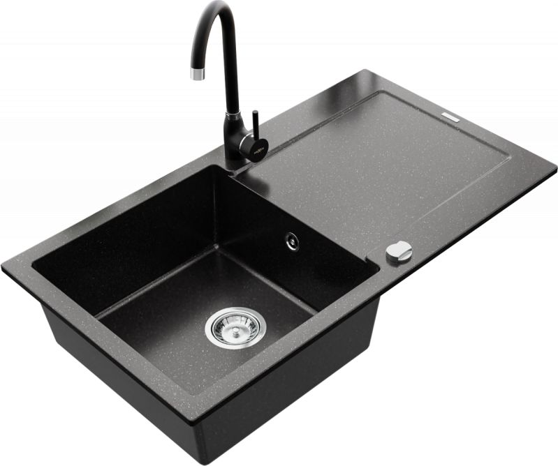 Zlewozmywak Mexen Mexen Leo zlewozmywak granitowy 1-komorowy z ociekaczem i baterią kuchenną Telma, czarny/srebrny metalik - 6501-73-670200-70