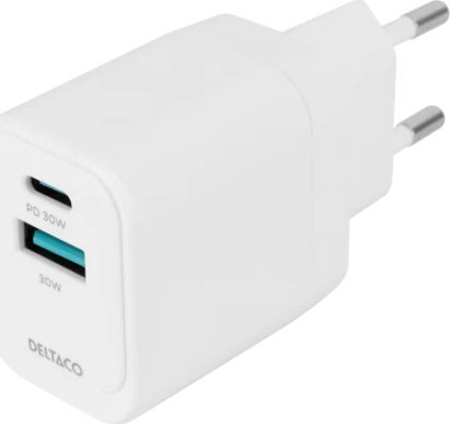 USB GaN sieninis įkroviklis DELTACO, 1x USB-A 18, W 1x USB-C PD 30 W, PPS / USBC-AC155 / 1903158