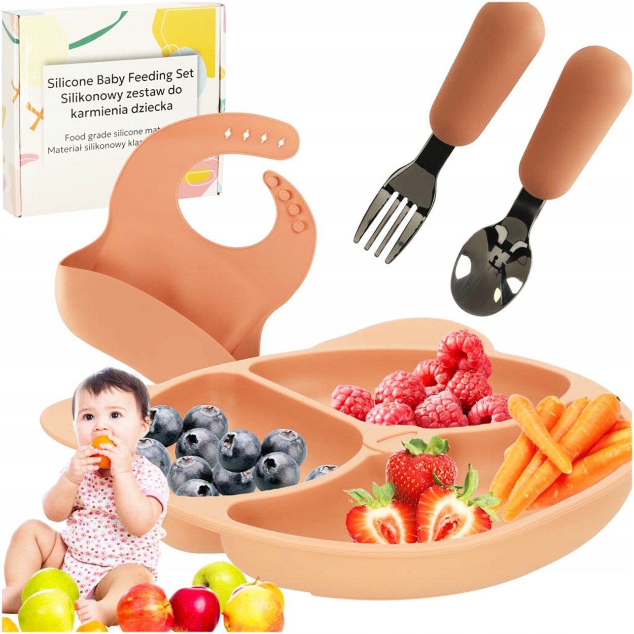 Naczynia silikonowe dla dzieci niemowląt zestaw stołowy miś pomarańczowe 4 elementy