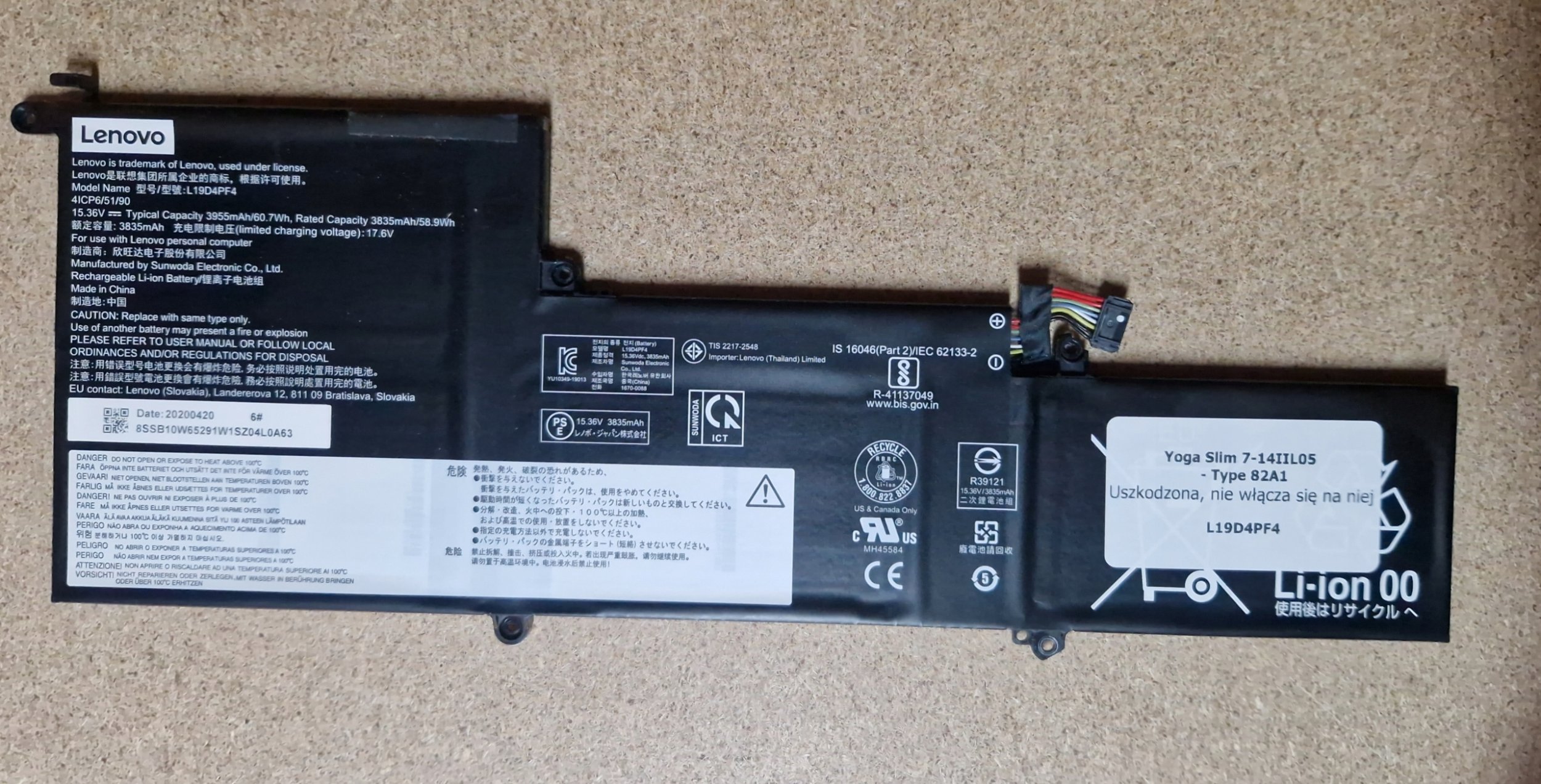 Napęd Lenovo SD/C L19D4PF4 15.36V60.7Wh4cel
