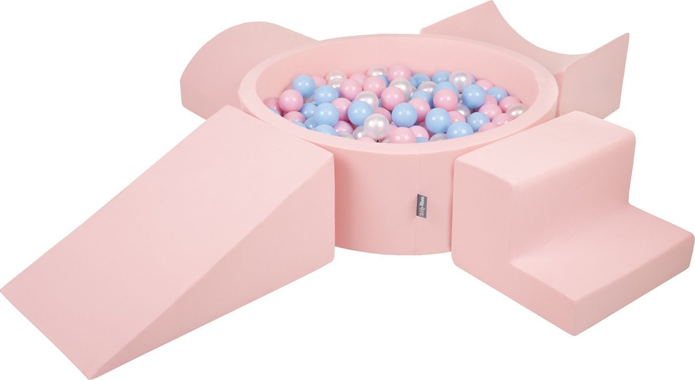 KiddyMoon KiddyMoon Piankowy plac zabaw PPZP-OK30D-115 z piłeczkami różowy: babyblue-pudrowy róż-perła basen 300/klin L/rampa L/półwałek L/schodek Zab