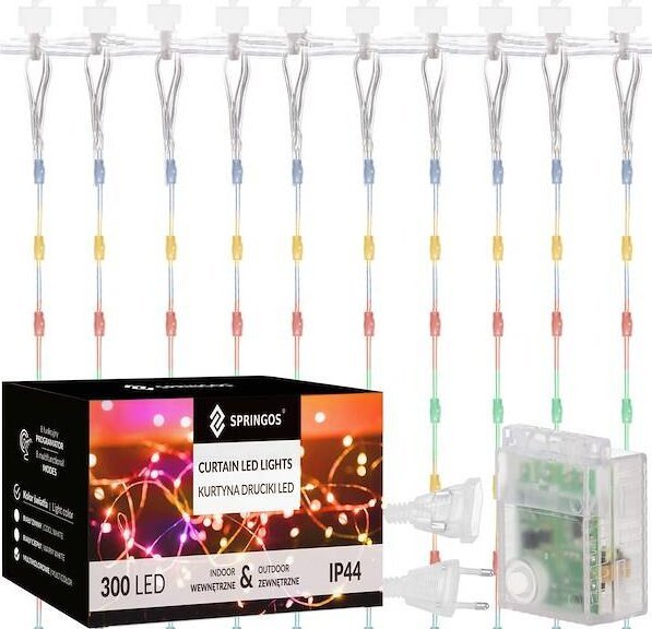Lampki choinkowe Springos Kurtyna świetlna 300 led girlanda, lampki wewnętrzno-zewnętrzne sople multikolor + flash UNIWERSALNY