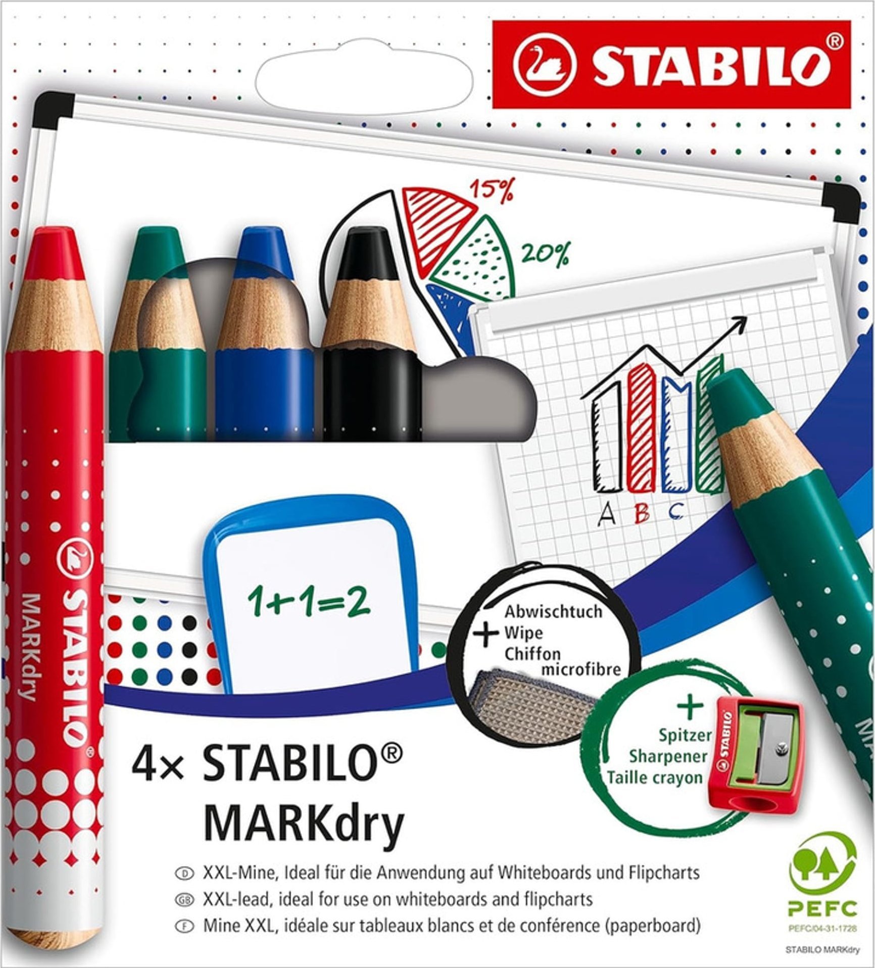 Stabilo Kredki do tablic Stabilo MARKdry (+ temperówka i ściereczka) 4 kolory