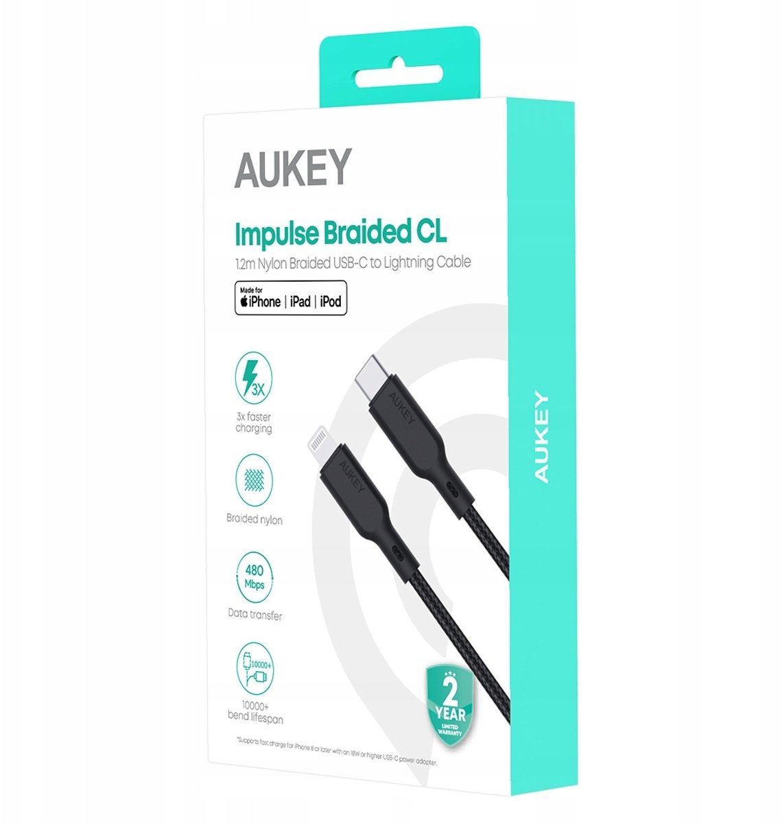 USB-C to Lightning Braided Cable 1.2m, USB2.0 by Aukey Black