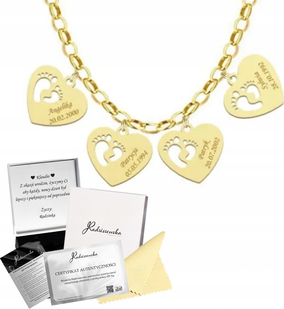 Radziszewska Jewellery Złoty Naszyjnik Serce Stópki Imię Dziecka Łańcuszek SREBRO 925 GRAWER