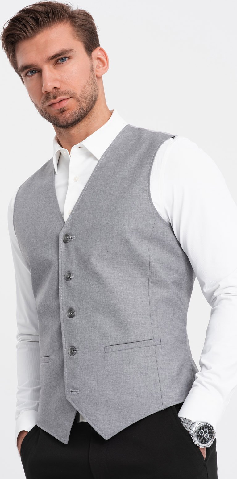 Ombre Kamizelka męska garniturowa bez klap - szara V3 OM-BLZV-0112 L