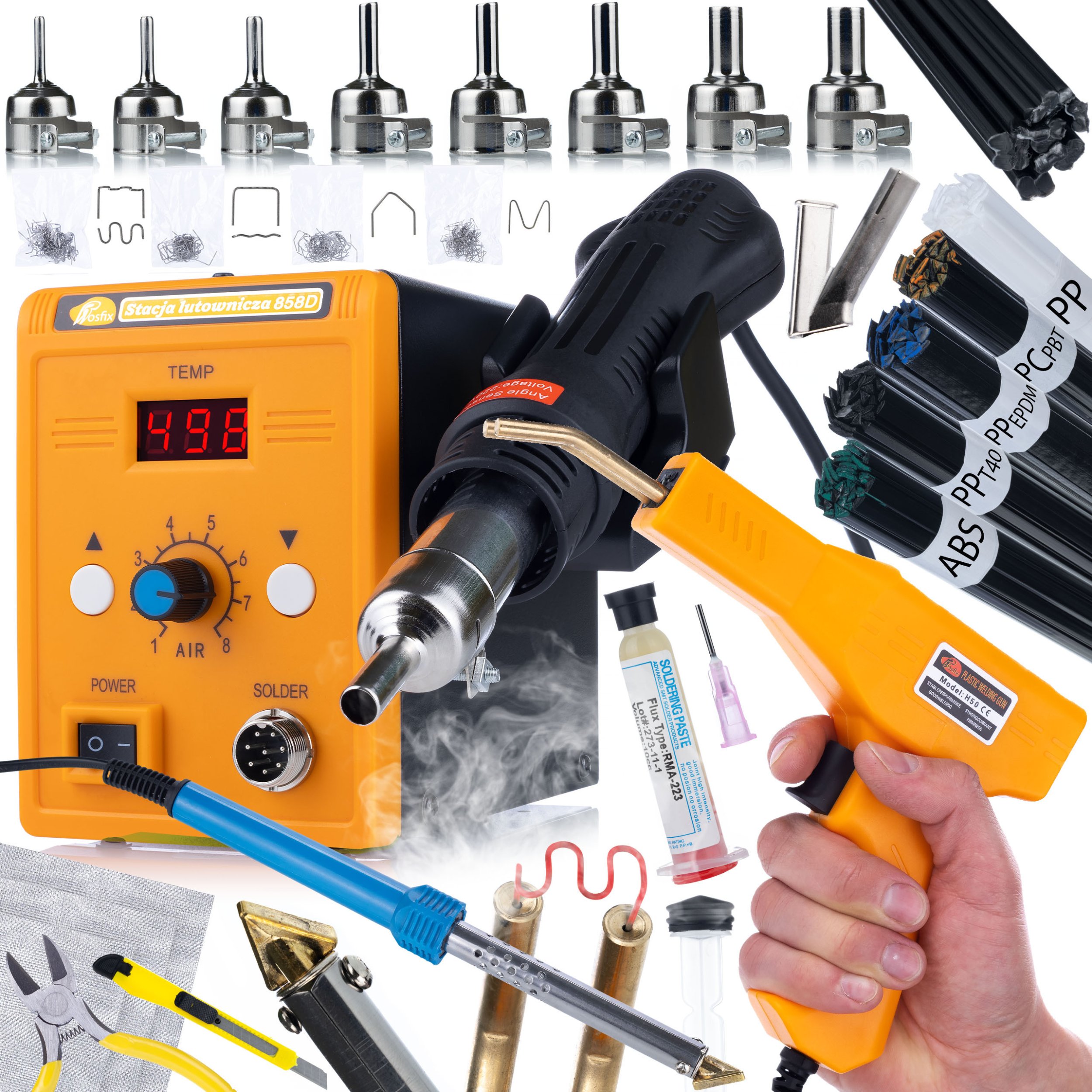 ROSFIX STACJA LUTOWNICZA 858D HOT-AIR+ZGRZEWARKA+FLUX+SPOIWA+AKCESORIA