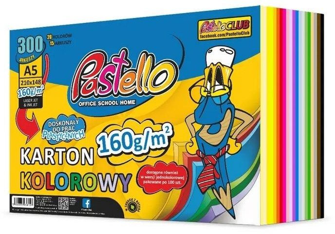 Karton kolorowy A5 160g 20 kolorów 300 arkuszy EDUKAMP