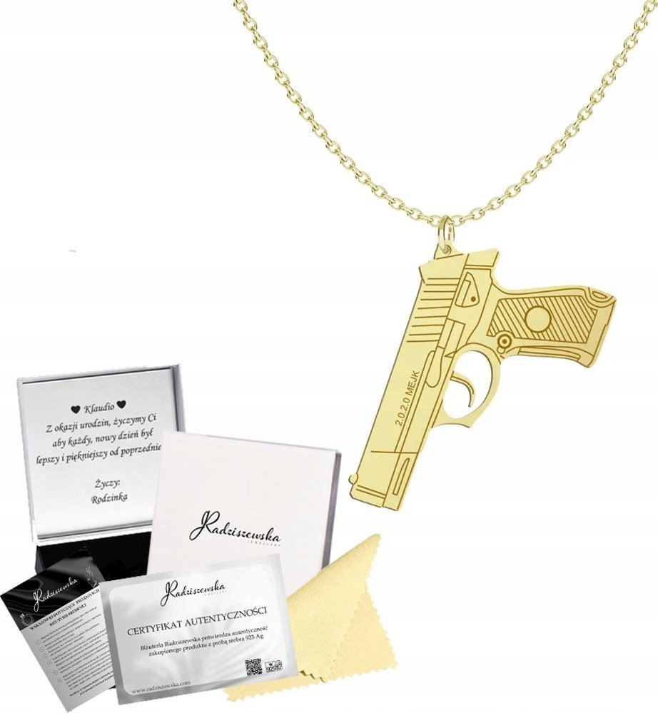 Radziszewska Jewellery Złoty Naszyjnik PISTOLET Łańcuszek SREBRO 925 Prezent GRAWER GRATIS