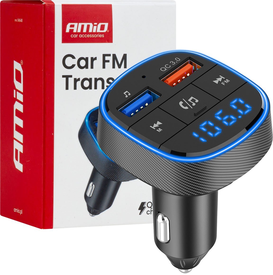 Transmiter samochodowy fm 2×usb-a 12v 24v amio-04648