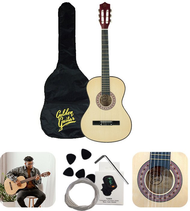 Zestaw: Gitara klasyczna 4/4 38" kolor naturalny GK38NAT Golden Guitar+ pokrowiec+ tuner+ struny+ kostki one size