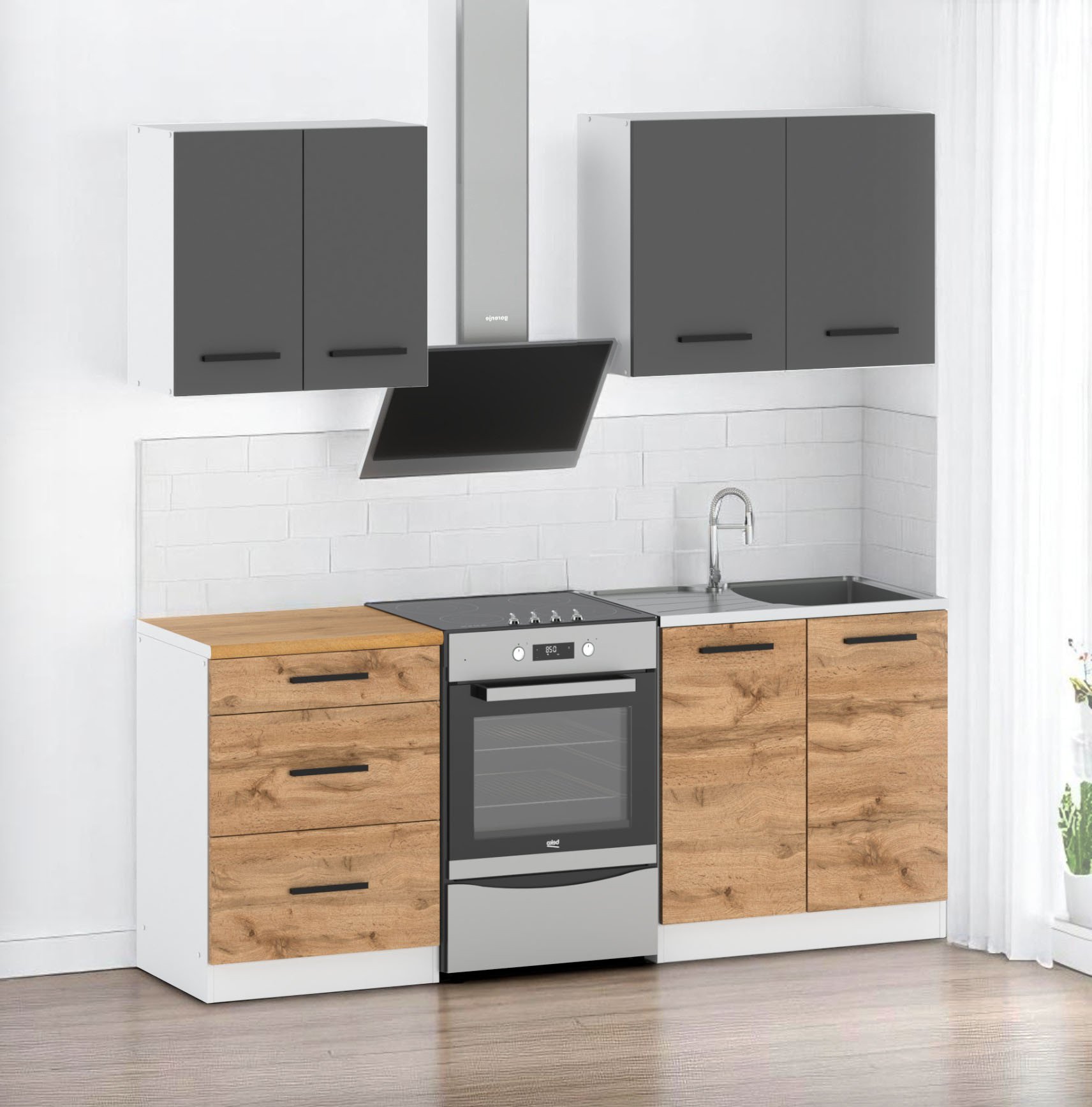 Meble Kuchenne Szare Z Drewnem Nowoczesne Modułowe Zestaw Mokka 2.4m Wotan