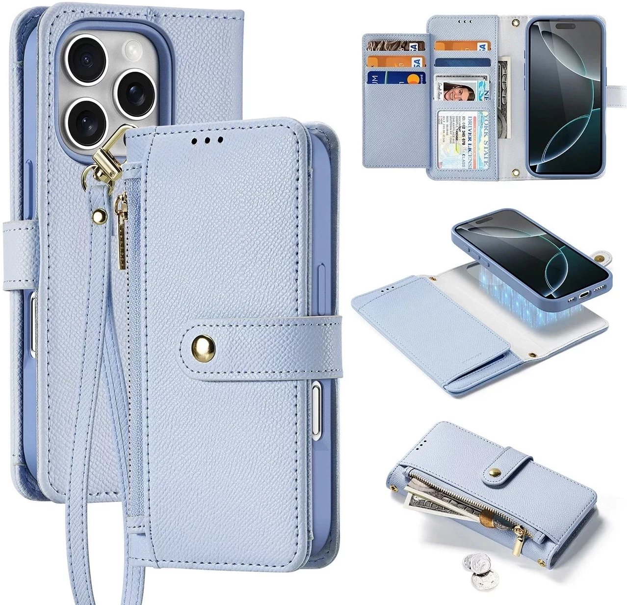 Etui skórzane do iPhone 16 Pro Dux Ducis Lawa z portfelem MagSafe błękitne