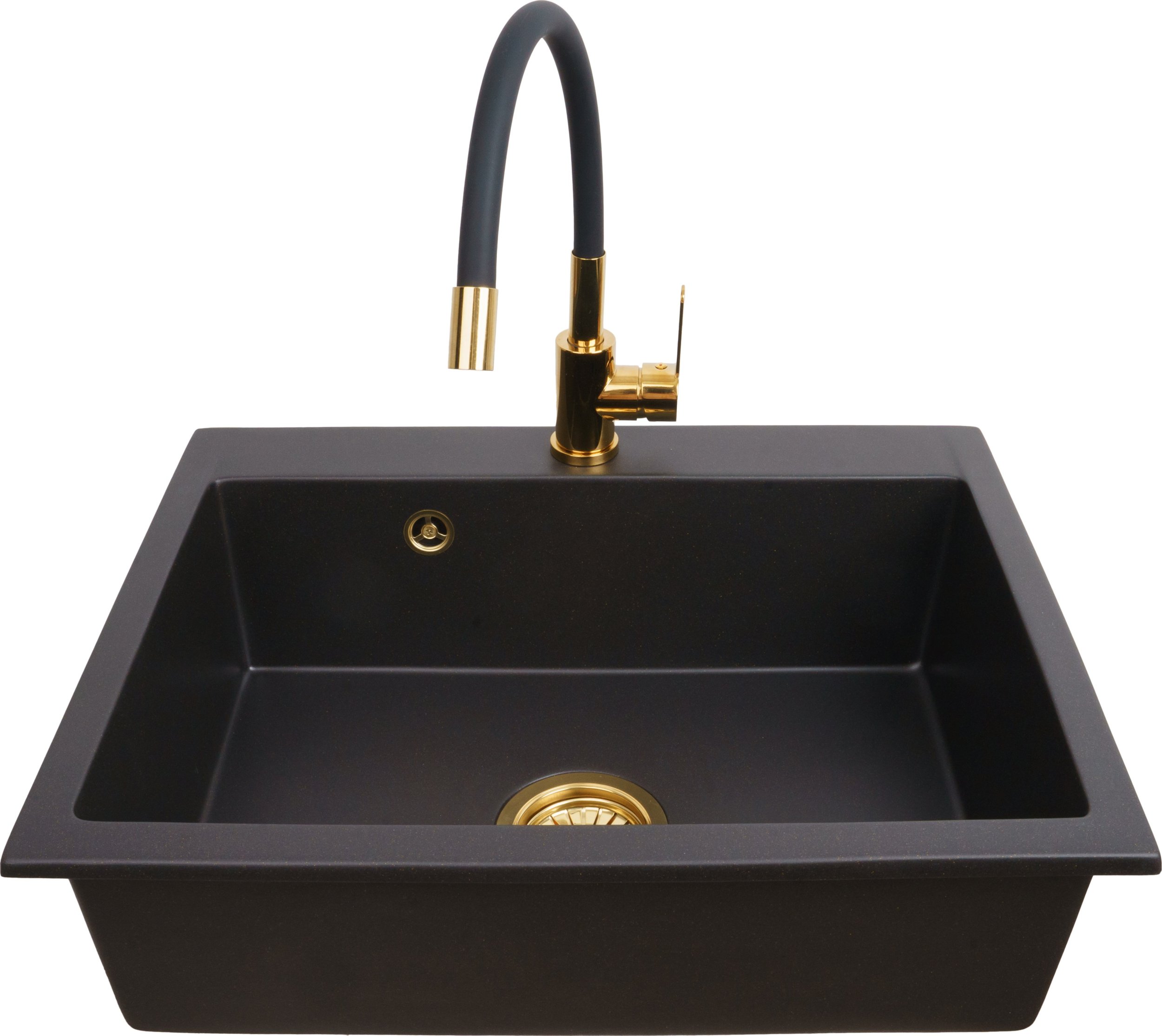 Zlewozmywak PREHNIT Zlewozmywak jednokomorowy ELAN czarny złoty metalik + bateria flex złota