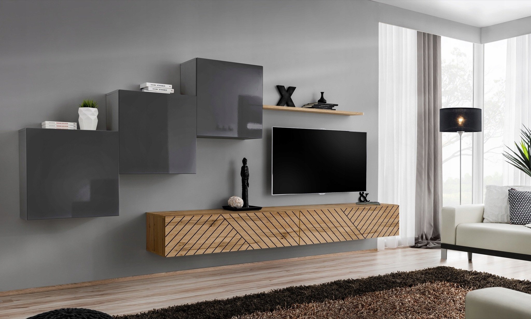 Meblościanka SWITCH LAMEL X szara/dąb wotan ASM Meble