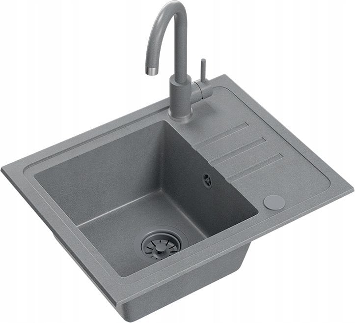 Zlewozmywak BEN 116 zlewozmywak granitowy silver stone 55x44 z szarą baterią ze stałą wylewką, z szarym syfonem i szarą zaślepką