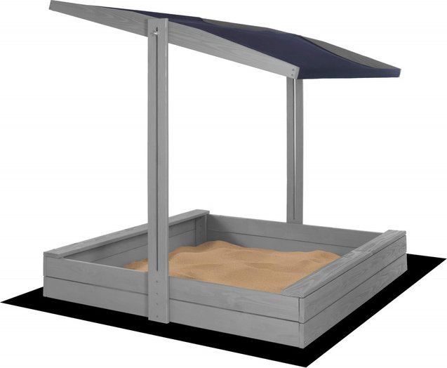 Piaskownica drewniana z daszkiem 120x120 cm z ławeczkami, funkcją zamyknia, włókniną, szara UNIWERSALNY