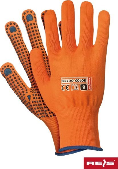 R.E.I.S. RNYDO-COLOR - Rękawice ochronne wykonane z poliestru (ścieg 13) z jednostronnym nakropieniem - żółto-granatowy 6