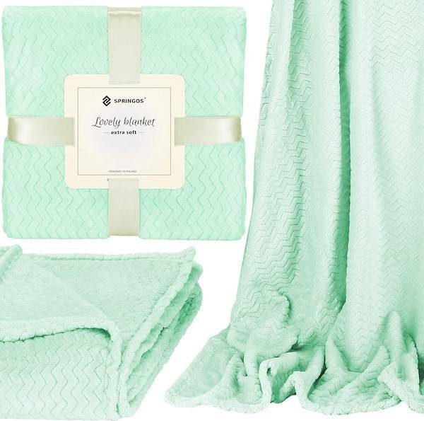 Springos Narzuta na łóżko, pled 70x160cm tłoczony, dwustronny koc na kanapę zielony UNIWERSALNY