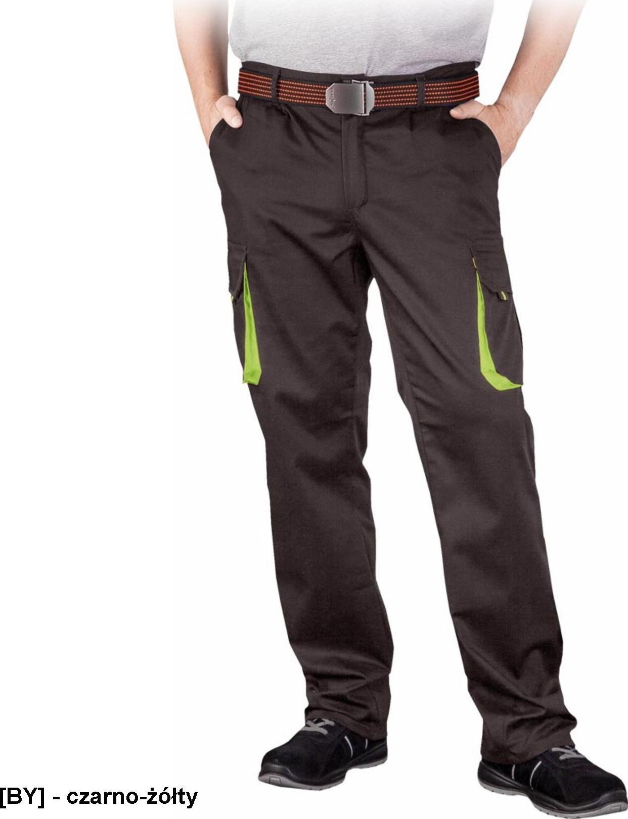 R.E.I.S. LAND-T - Elastyczne męskie spodnie ochronne do pasa LAND, 62% poliester, 35% bawełna, 3% elastan, 240 g/m - czarno-żółty 50