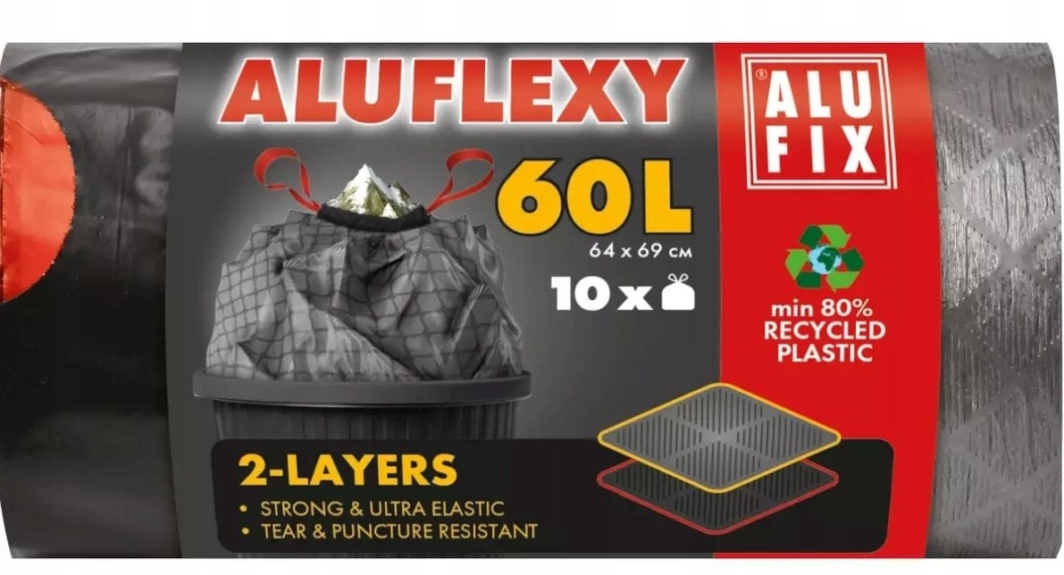Worki na śmieci ALUFIX Aluflexy, z taśmą, LDPE, 60l, 10 szt., stalowe