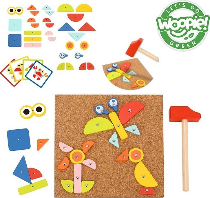 Woopie WOOPIE GREEN Drewniana Przybijanka z Młotkiem Układanka 20 wzorów 82 el. Certyfikat FSC