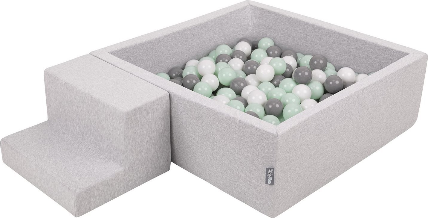 KiddyMoon Piankowy plac zabaw PPZP-KW30D-122 z piłeczkami jasnoszary: biały-szary-mięta basen 100/schodek Zabawka plac zabaw