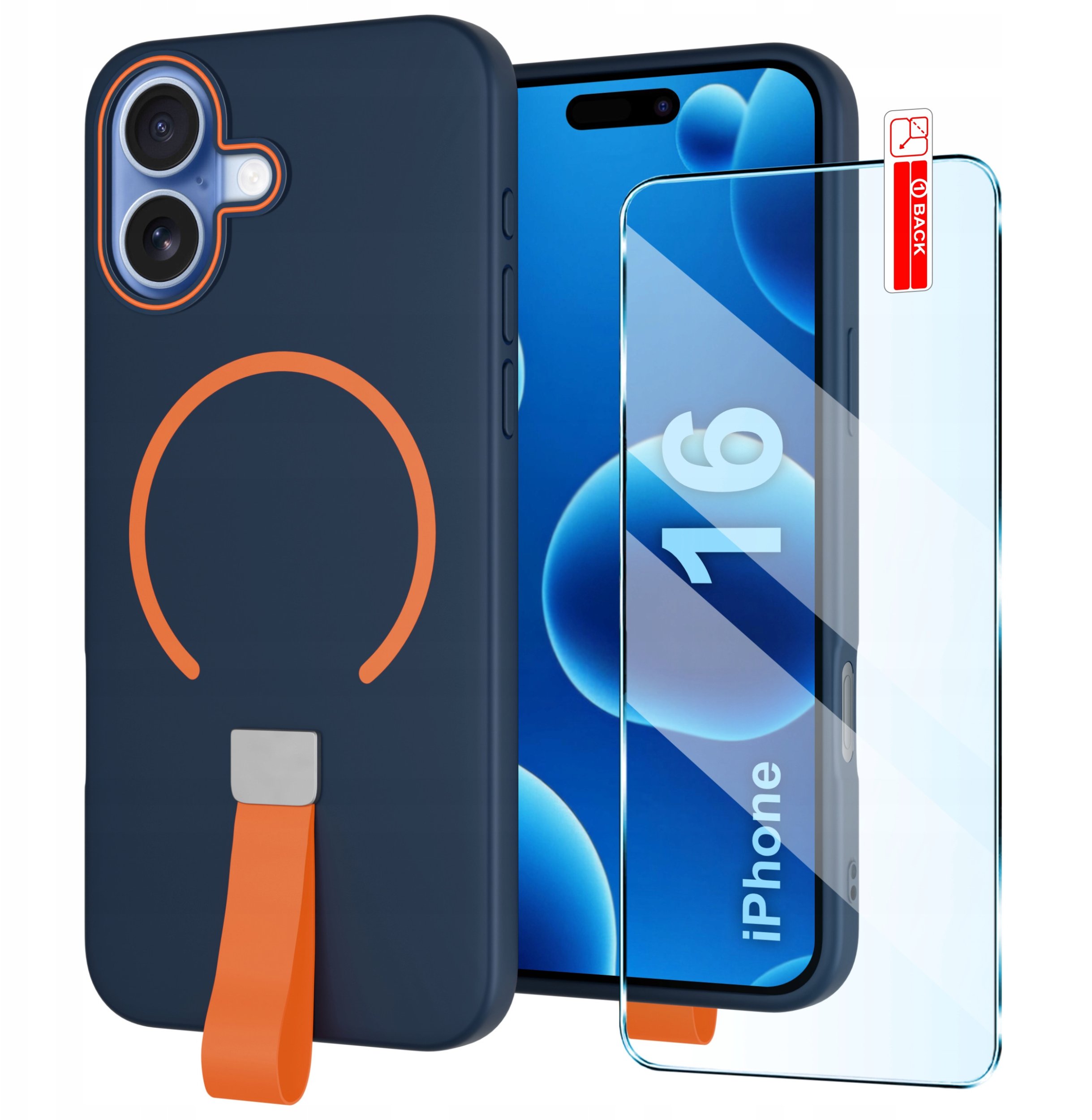 Etui z Paskiem na palec Matowe GRANATOWE do iPhone 16 |do MagSafe +Szkło