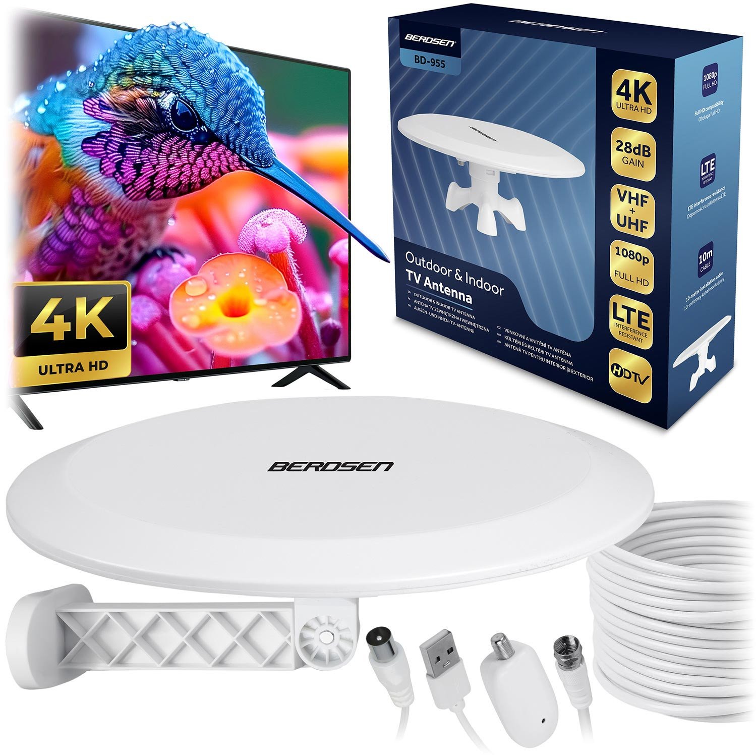 Antena RTV Berdsen Antena wewnętrzna zewnętrzna TV ultra HD 4K BD-955 biała