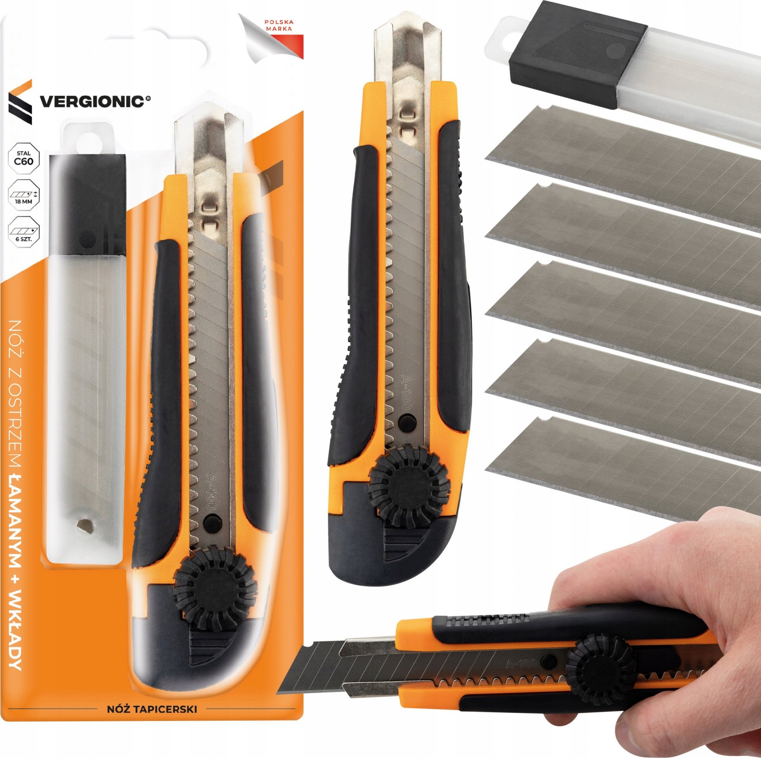 VERGIONIC NÓŻ TAPECIAK Z OSTRZEM ŁAMANYM 18 mm + WKŁADY ZAPAS OSTRZE ŁAMANE DO TAPET