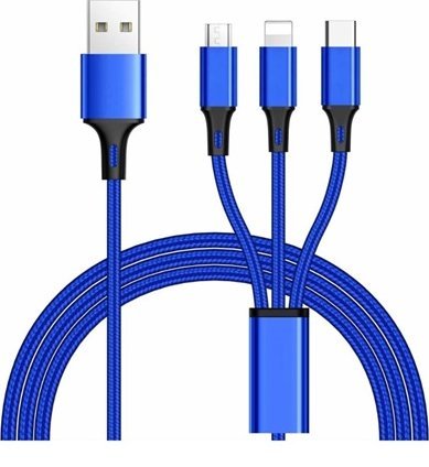 Kabel USB PremiumCord USB-A - USB-C + microUSB + Lightning 1.2 m Niebieski (ku31pow01)