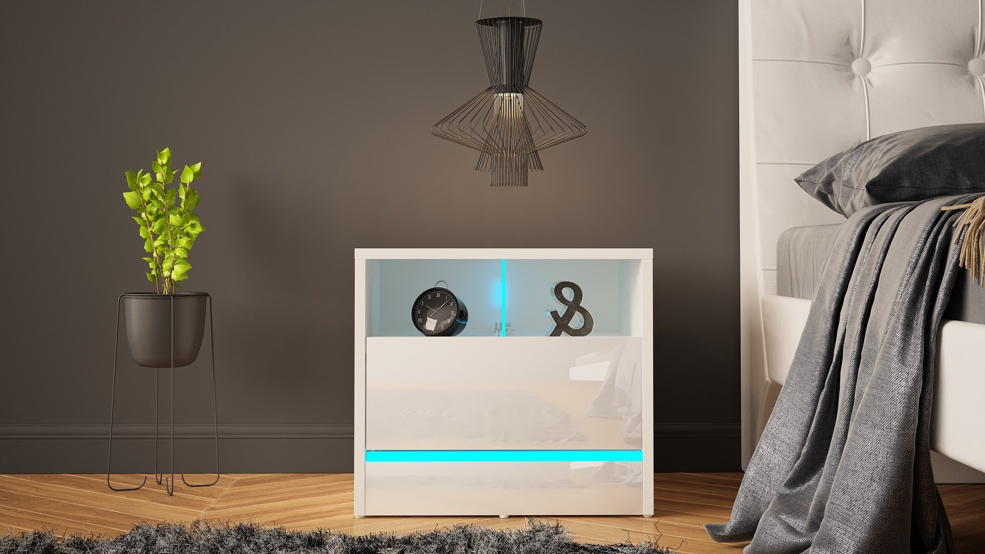 MEGSTYL SZAFKA NOCNA 50CM Z LISTWĄ LED I 1 SZUFLADĄ - DISPARO 3 biały mat - biały połysk