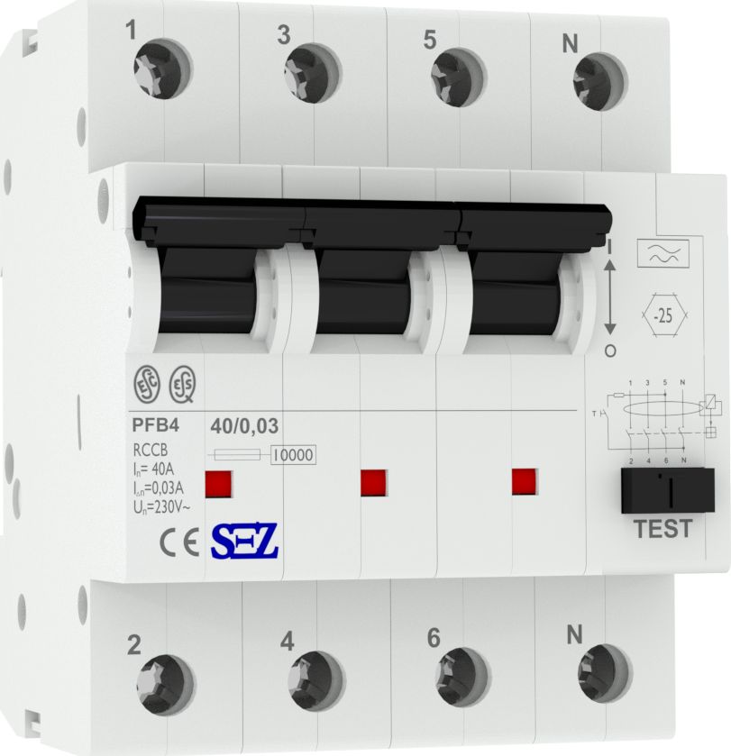 SEZ Krompachy 40A 30mA 4P 10kA TYP A Wyłącznik różnicowoprądowy PFB4 RCCB SEZ 5432