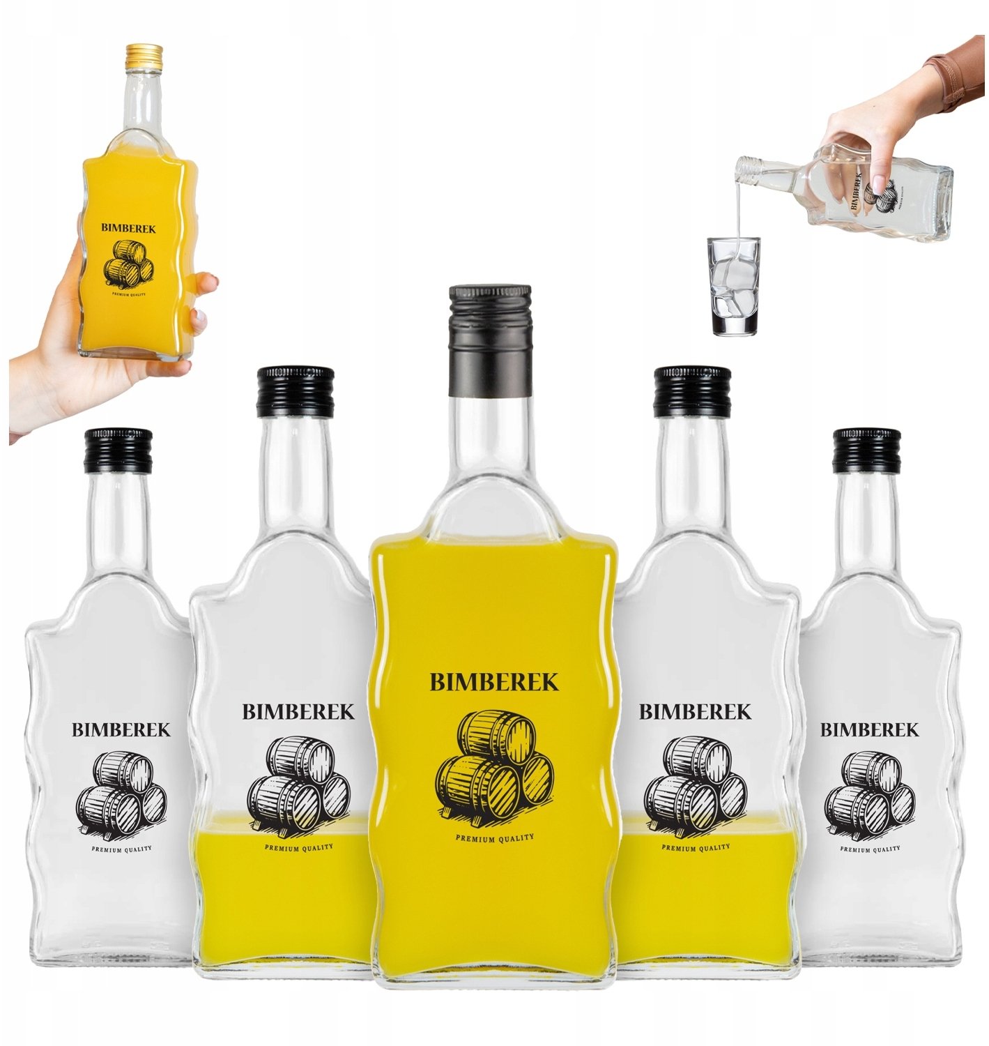 50x Butelki szklane Fala 500 ml z nadrukiem na BIMBEREK PREMIUM wódkę 0,5l