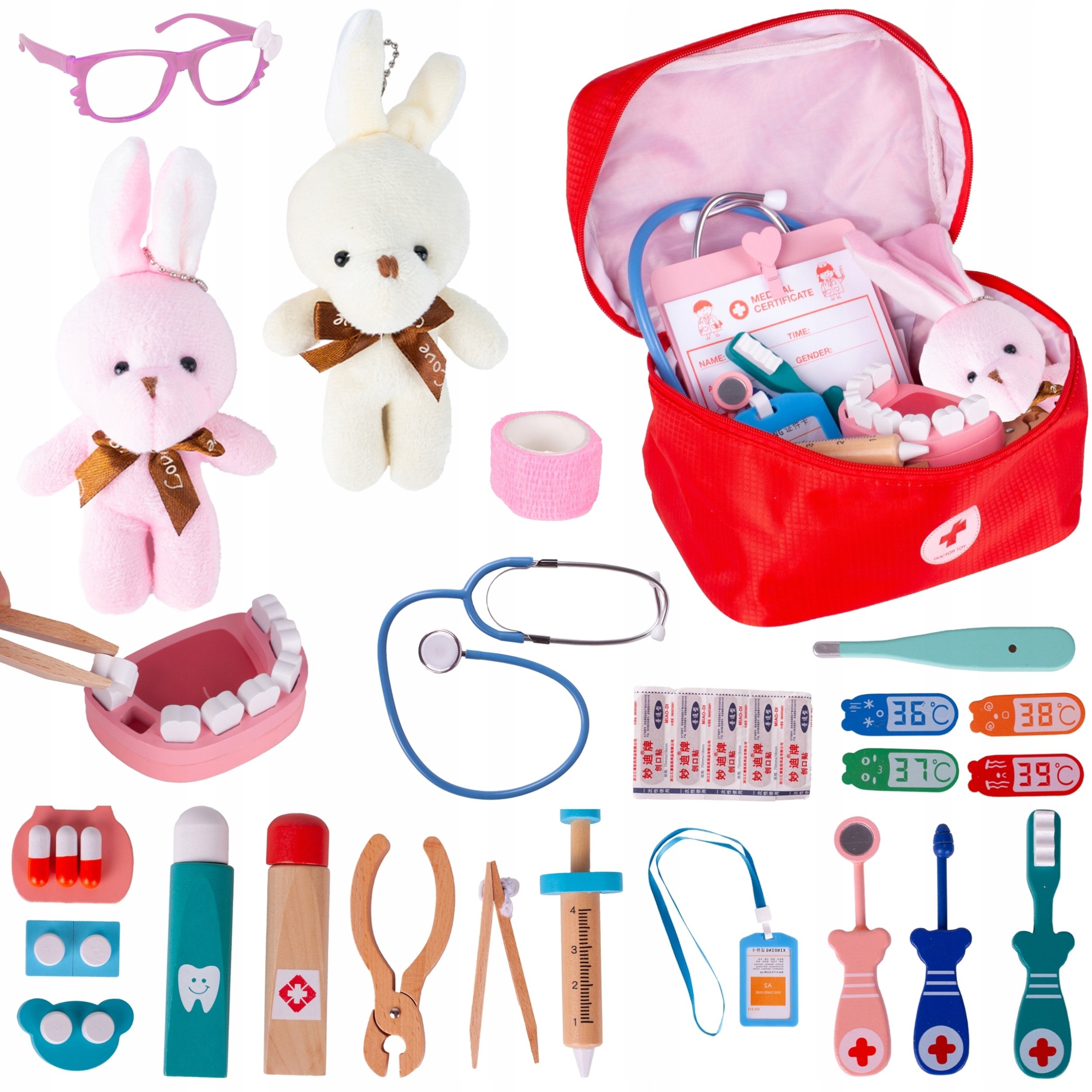 Drewniany zestaw lekarza i dentysty w walizce 2 króliczki dla dzieci duży