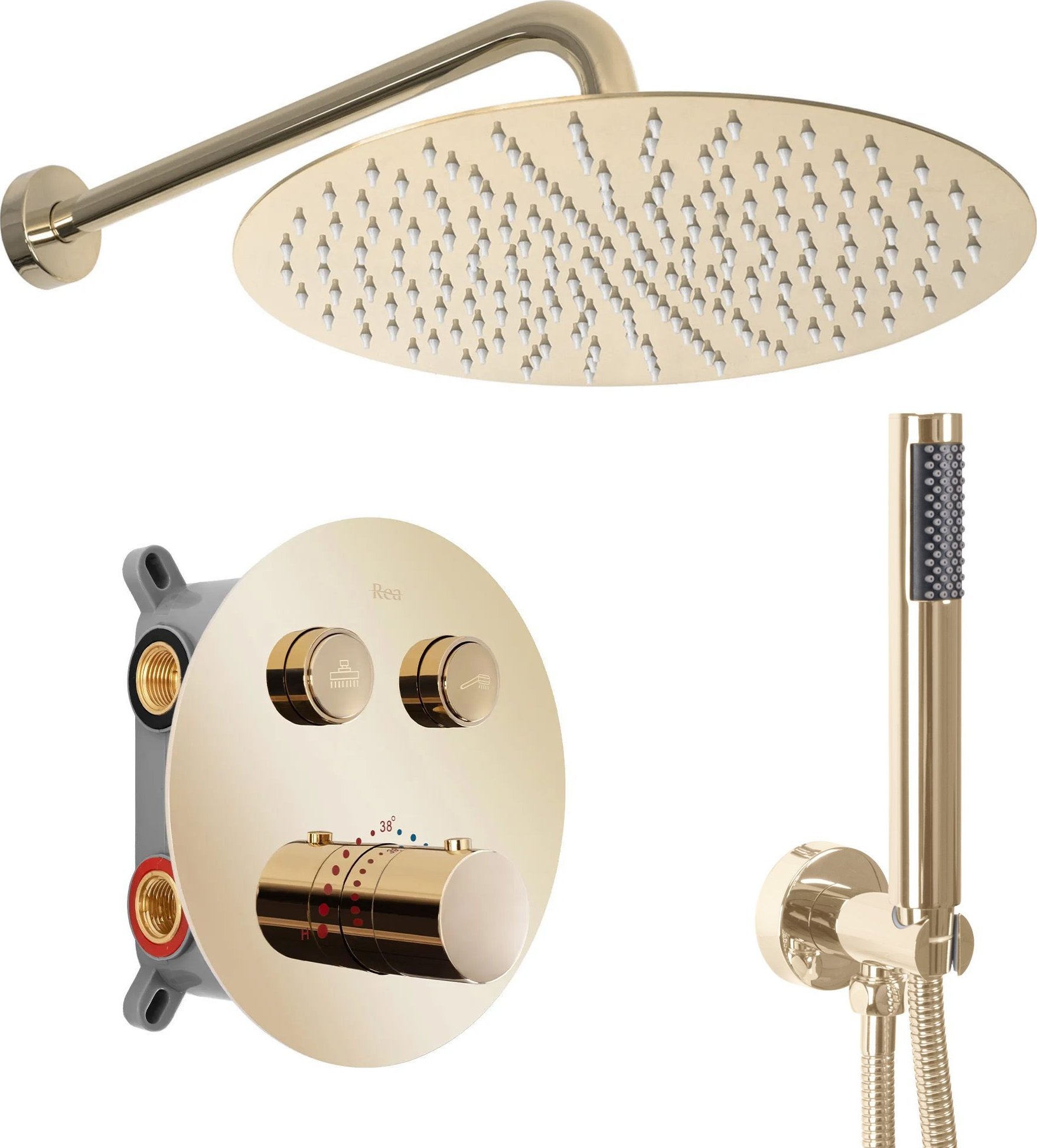 Zestaw prysznicowy Rea Zestaw Prysznicowy Podtynkowy LUNGO Złoty z termostatem + BOX