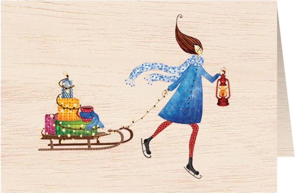 Cozywood Karnet drewniany C6 + koperta. Święta, Kobieta, Sanki