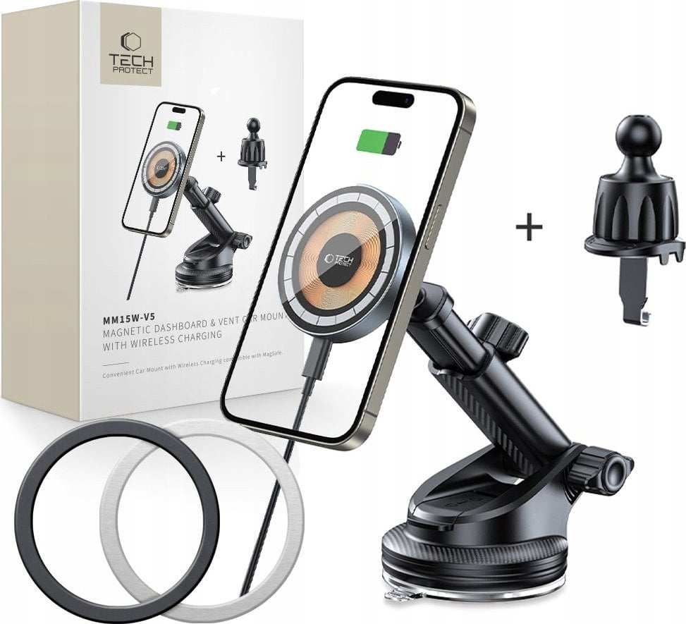 Ładowarka Tech-Protect TECH-PROTECT MM15W-V5 MAGNETIC MAGSAFE DASHBOARD & VENT CAR MOUNT WIRELESS CHARGER 15W BLACK