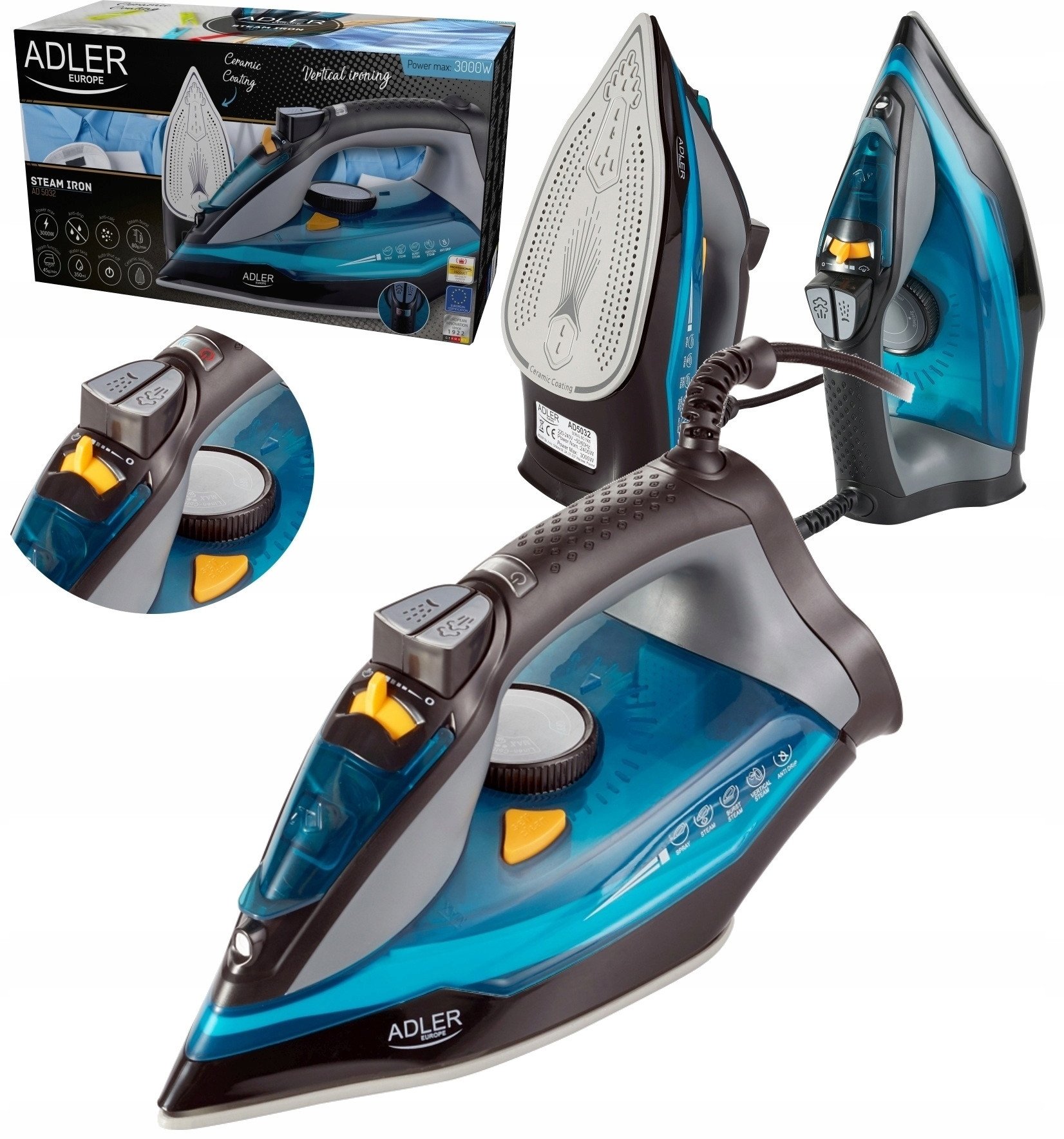 Mocne Żelazko Adler Ad5032 Parowe Stopa Ceramiczna 3000W 9W1