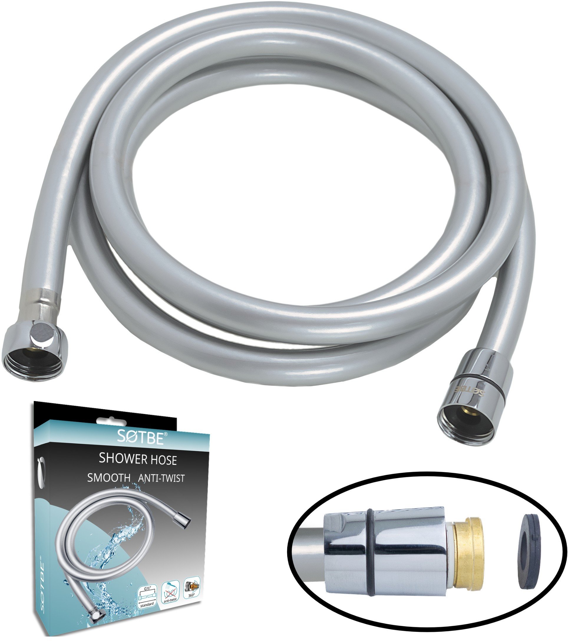 Gładki wąż prysznicowy 200 cm wzmacniany antyskrętny kolor chrom SOTBE LARK