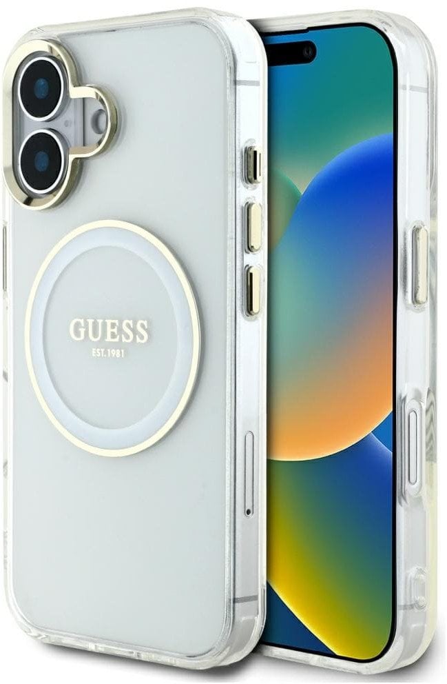 Etui Guess IML Metal Colored Circle Classic Logo MagSafe do iPhone 16 biały