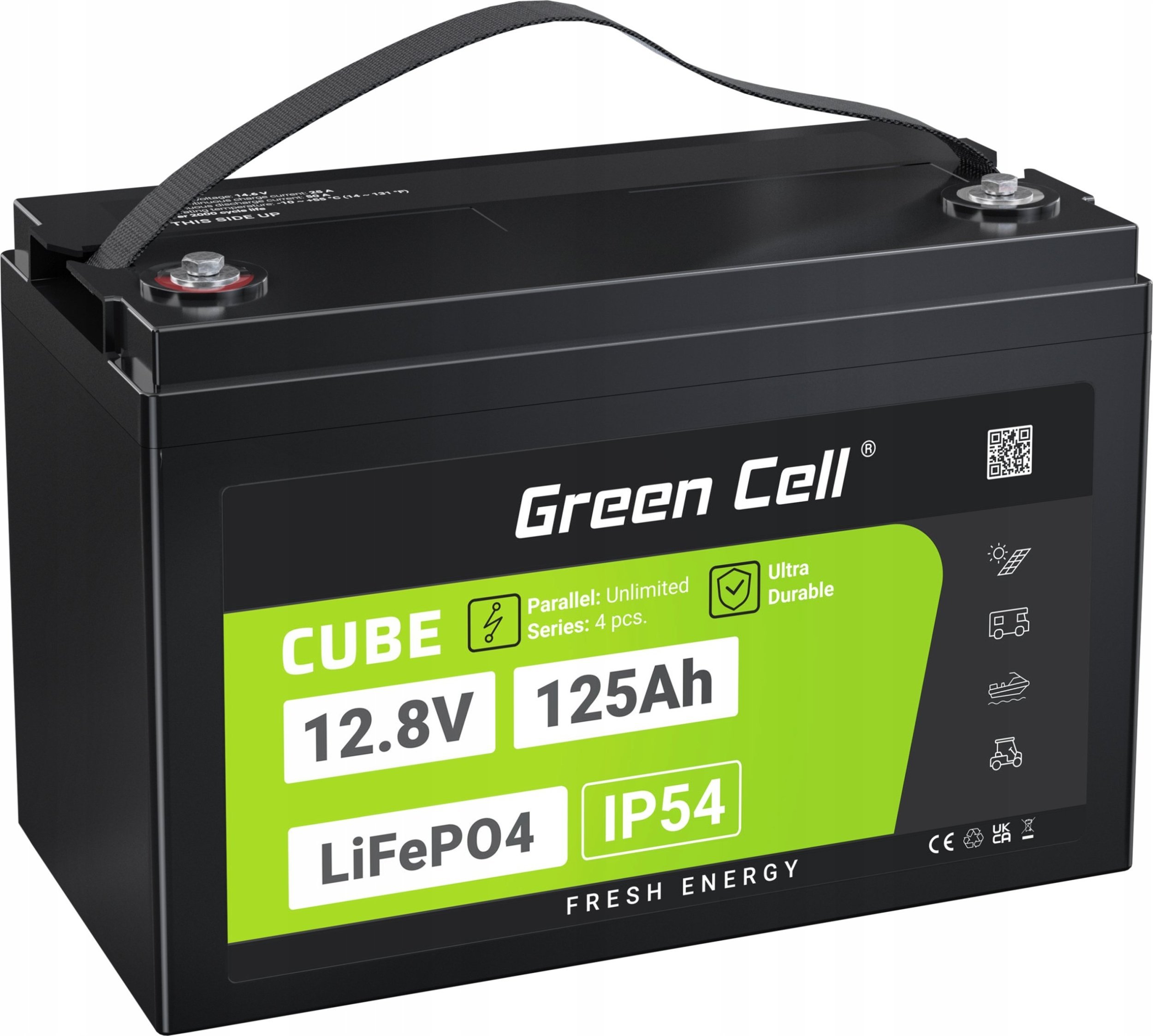 Green Cell Green Cell CUBE LiFePO4 125Ah 12.8V 1600Wh Lithium Iron Phosphate Battery for Camper, Solar, Off-Grid System, Boat