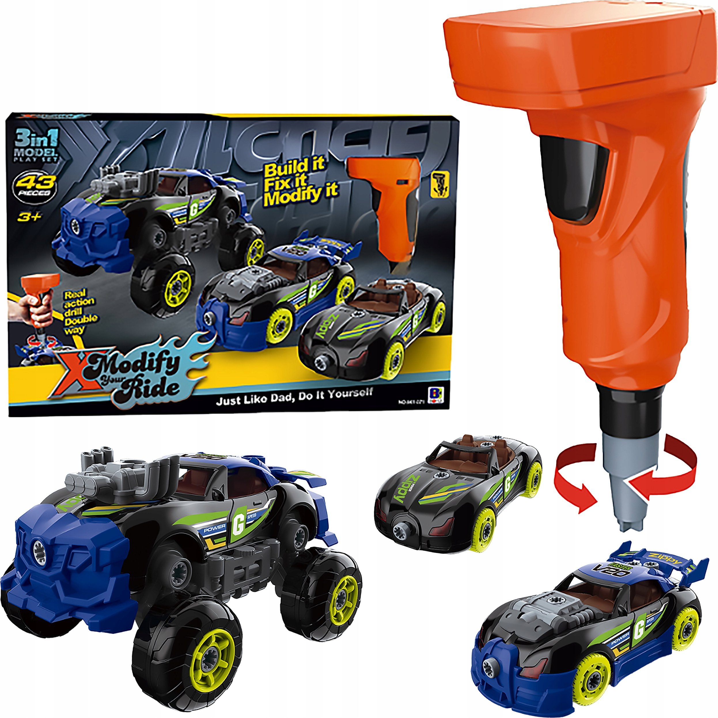 Sportowy, Terenowy Samochód do rozkręcania i skręcania 3w1 TUNING + Wkrętarka, Monster Truck