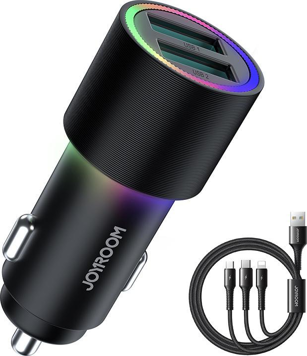 Ładowarka Joyroom Joyroom samochodowa ładowarka 2 x USB z podświetleniem 24W + kabel zasilający 3w1 USB Typ C / micro USB / Lightning 1,2m czarny (JR-