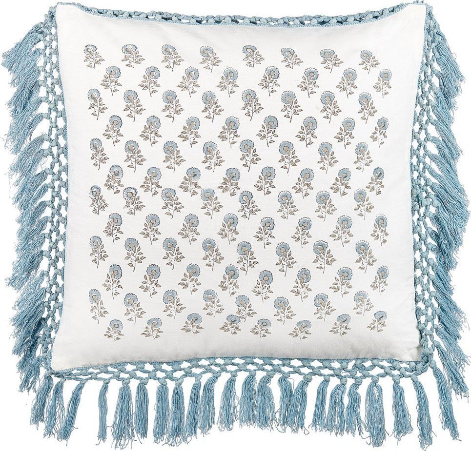 Beliani Bawełniana poduszka dekoracyjna w kwiaty z frędzlami 45 x 45 cm biało-niebieska PALLIDA!