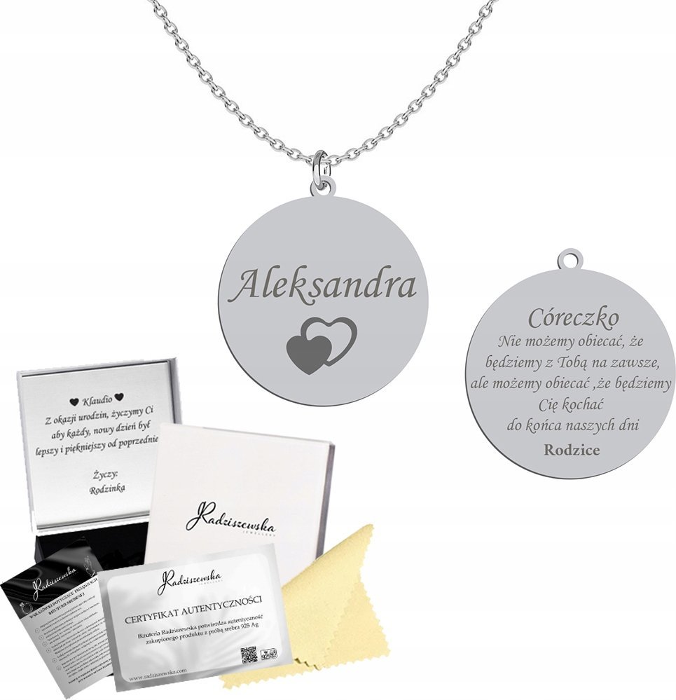 Radziszewska Jewellery Naszyjnik Srebrny z Imieniem Blaszka Cytat Prezent 925 GRAWER GRATIS