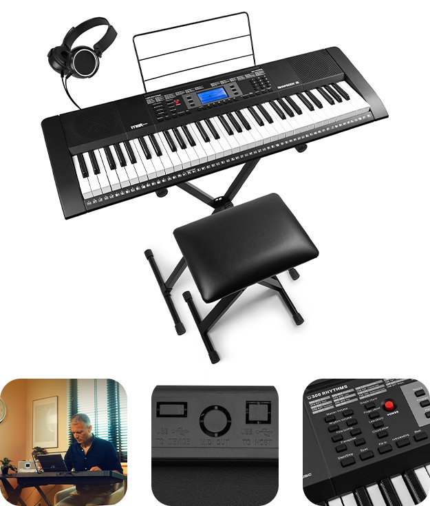 Zestaw: Keyboard 61-klawiszy bateryjny+ statyw+ ławka+ słuchawki Rhapsody61 Max one size