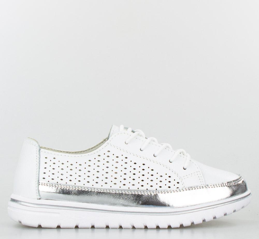 Estetino Tenisówki skórzane ażurowe ze srebrną wstawką białe Vinceza-39