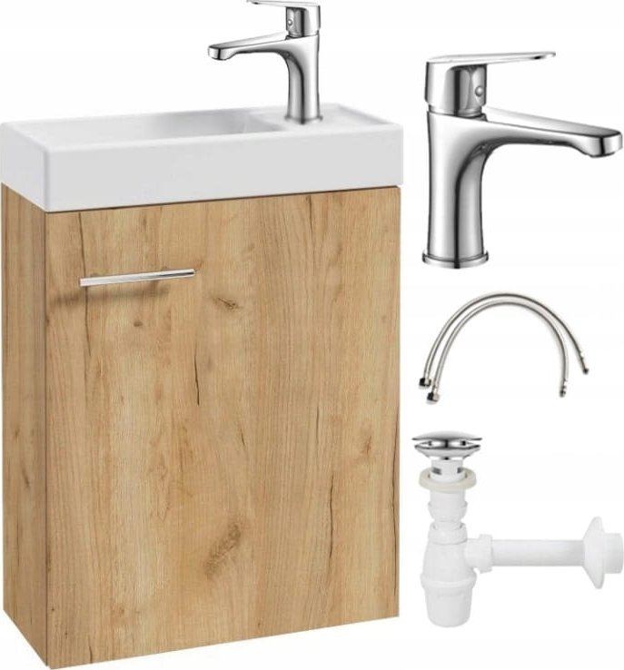 Szafka łazienkowa z umywalką 50x70 wisząca dąb craft z baterią i syfonem