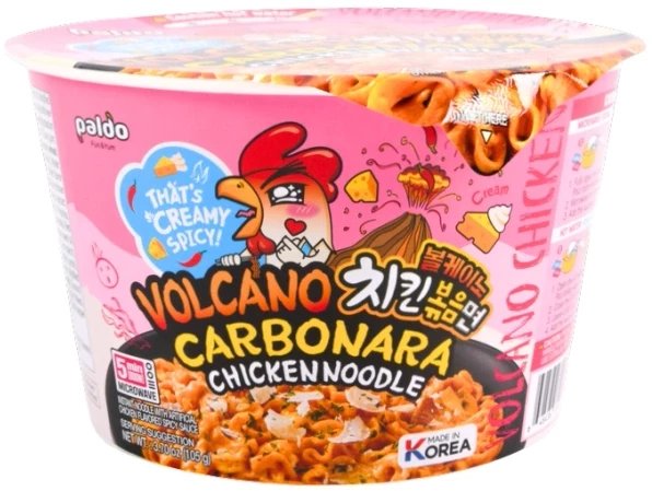 Paldo Danie Ramyun Volcano Carbonara, ostro przyprawiona miska 105g